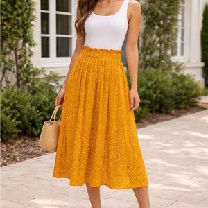 EXLURA Mustard Polka Dot Midi Skirt | Pockets | Size M